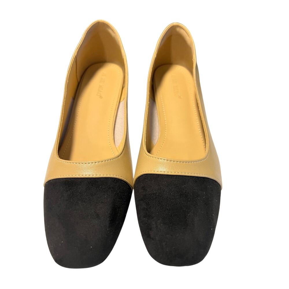 AI KE MIAO Women’s Two Tone Leather Flats Black Cap Toe Vero Cuoio Sz 9 NWOT